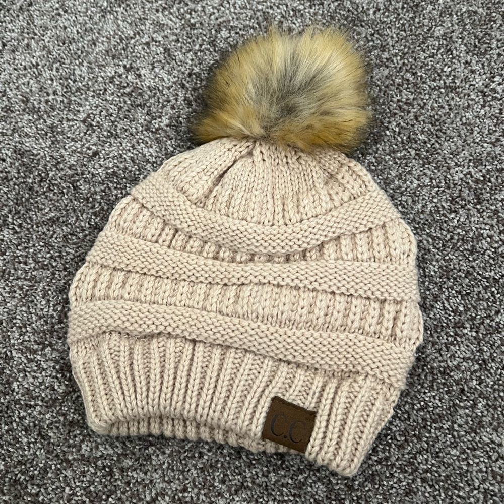 CC Cream and Brown Cable Knit Beanie with Pom-Pom